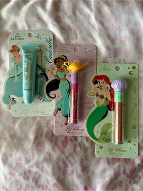 👸Disney Princess Cute Lip Gloss Bundle of 3 Cinderella Jasmine Ariel NEW✨